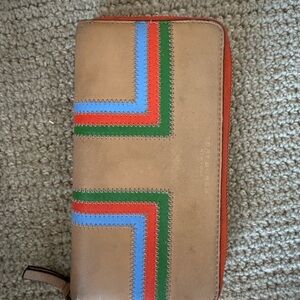 Tory Burch Tan Wallet with Multicolor Chevron Design